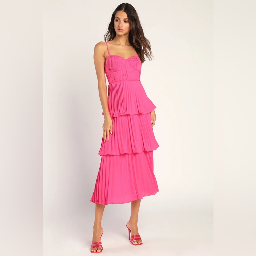Lulu’s Cascading Crush Hot Pink Tiered Bustier Midi Dress